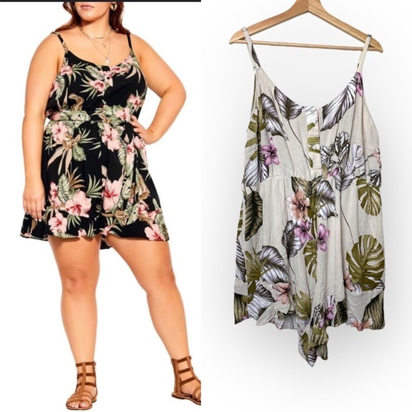 City Chic Pants - City Chic Women’s Molokini Neutral Floral Hawaiian Printed Tank Romper Size S/16